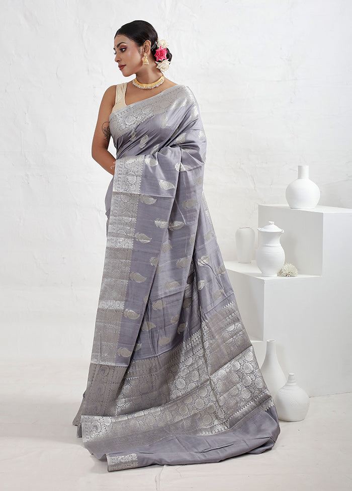 Grey Dupion Silk Saree With Blouse Piece - Indian Silk House Agencies