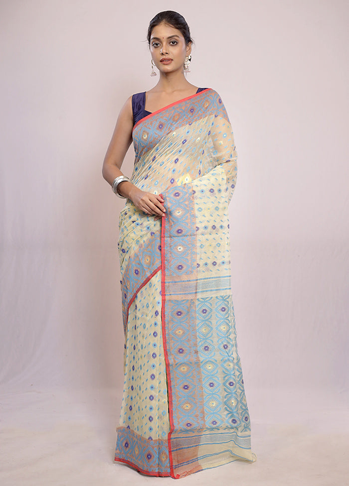 Cream Tant Jamdani Saree Without Blouse Piece - Indian Silk House Agencies