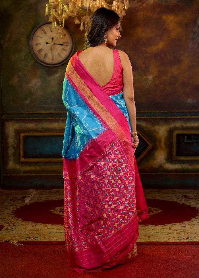 Blue Pure Silk Rajkot Patola Saree With Blouse Piece - Indian Silk House Agencies