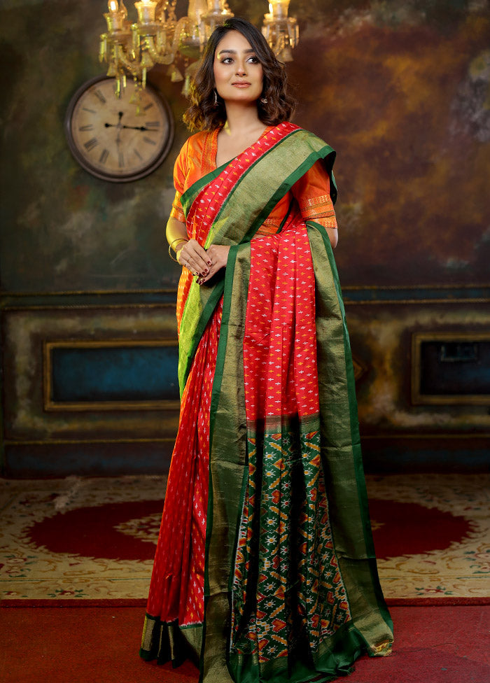 Red Pure Silk Rajkot Patola Saree With Blouse Piece - Indian Silk House Agencies