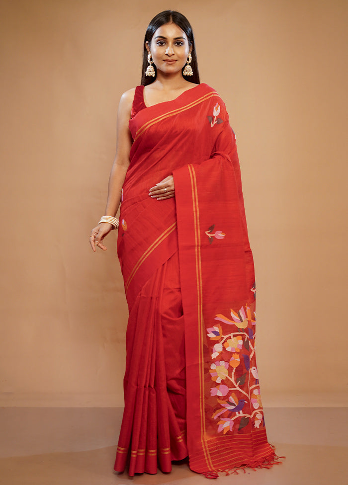 Red Matka Pure Silk Saree With Blouse Piece - Indian Silk House Agencies