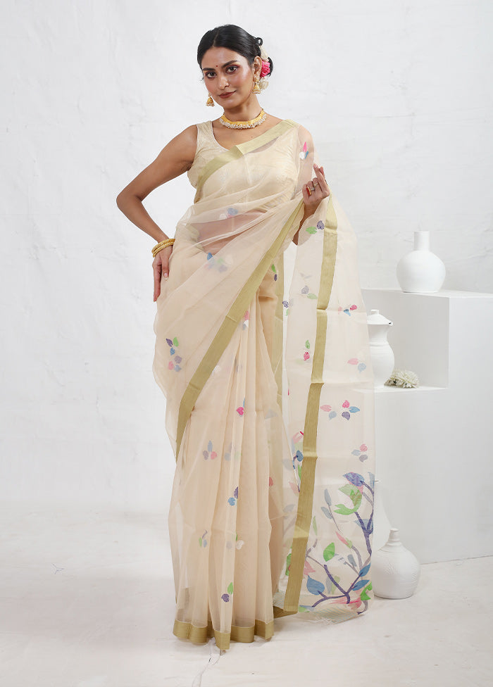 Cream Matka Pure Silk Saree With Blouse Piece - Indian Silk House Agencies