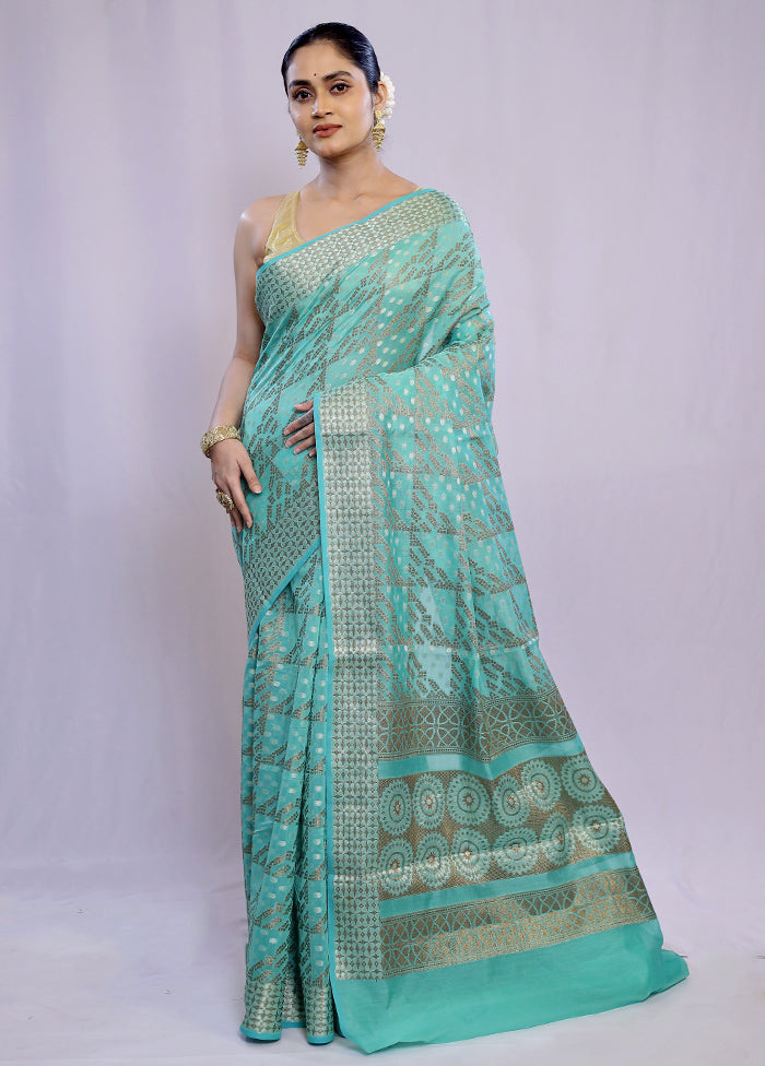 Blue Cotton Saree With Blouse Piece - Indian Silk House Agencies