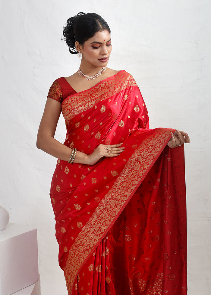 Red Dupion Silk Saree With Blouse Piece - Indian Silk House Agencies