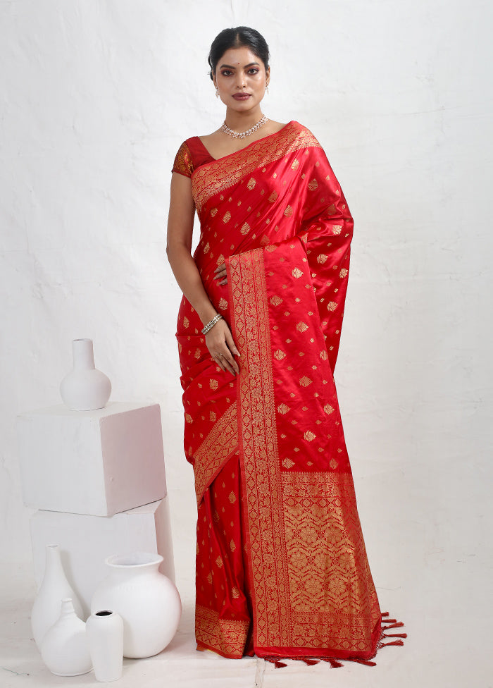 Red Dupion Silk Saree With Blouse Piece - Indian Silk House Agencies