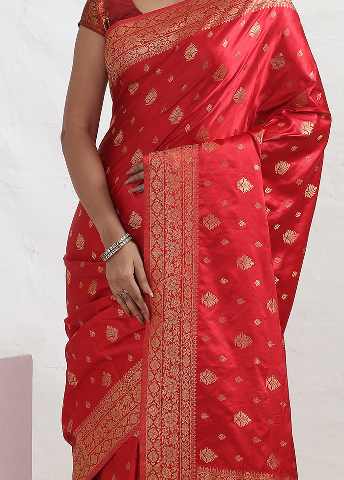 Red Dupion Silk Saree With Blouse Piece - Indian Silk House Agencies