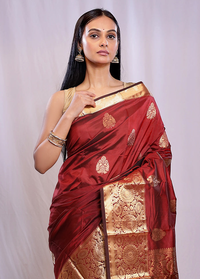 Maroon Kanjivaram Silk Saree With Blouse Piece - Indian Silk House Agencies