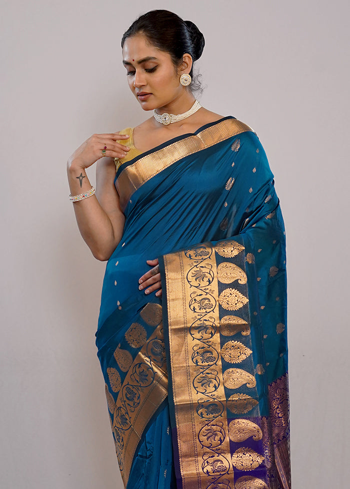 Blue Kanjivaram Silk Saree With Blouse Piece - Indian Silk House Agencies