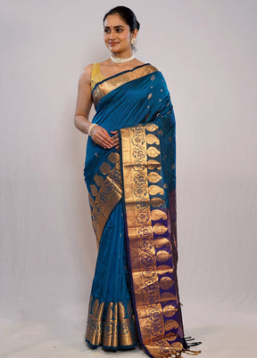 Blue Kanjivaram Silk Saree With Blouse Piece - Indian Silk House Agencies