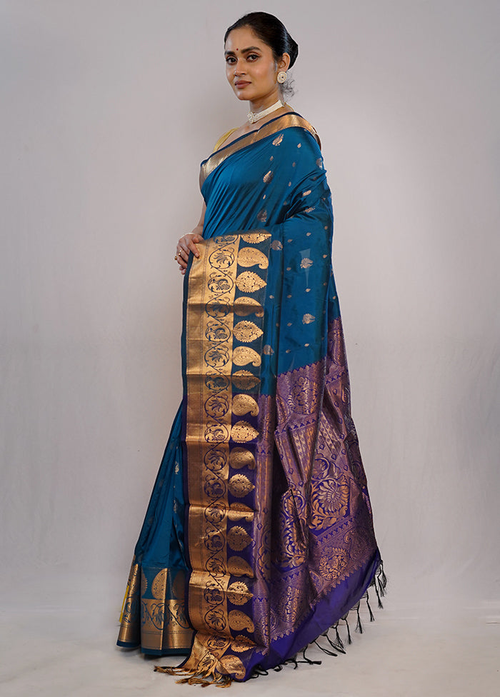 Blue Kanjivaram Silk Saree With Blouse Piece - Indian Silk House Agencies