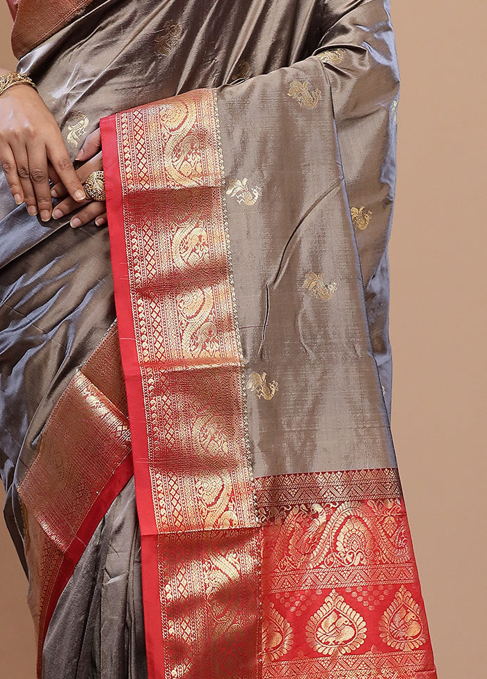 Grey Kanjivaram Pure Silk Saree With Blouse Piece - Indian Silk House Agencies