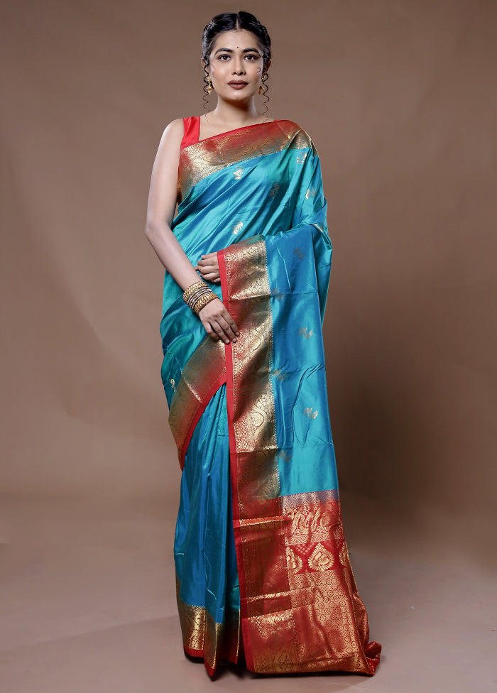 Blue Kanjivaram Pure Silk Saree With Blouse Piece - Indian Silk House Agencies