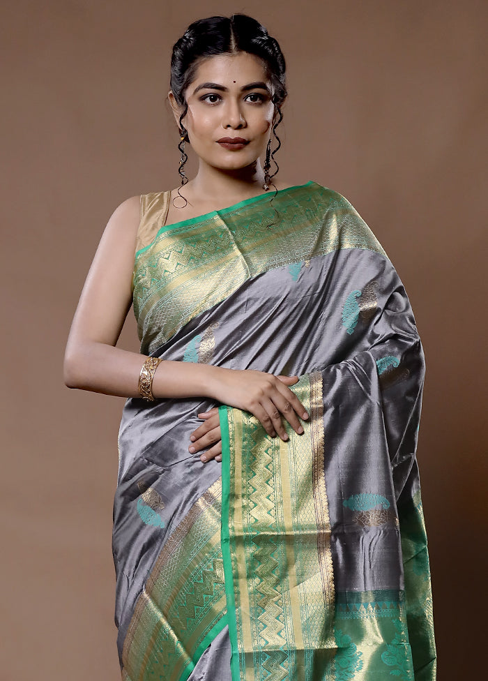 Grey Kanjivaram Pure Silk Saree With Blouse Piece - Indian Silk House Agencies