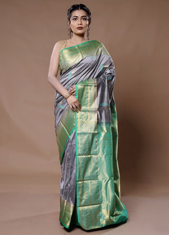 Grey Kanjivaram Pure Silk Saree With Blouse Piece - Indian Silk House Agencies