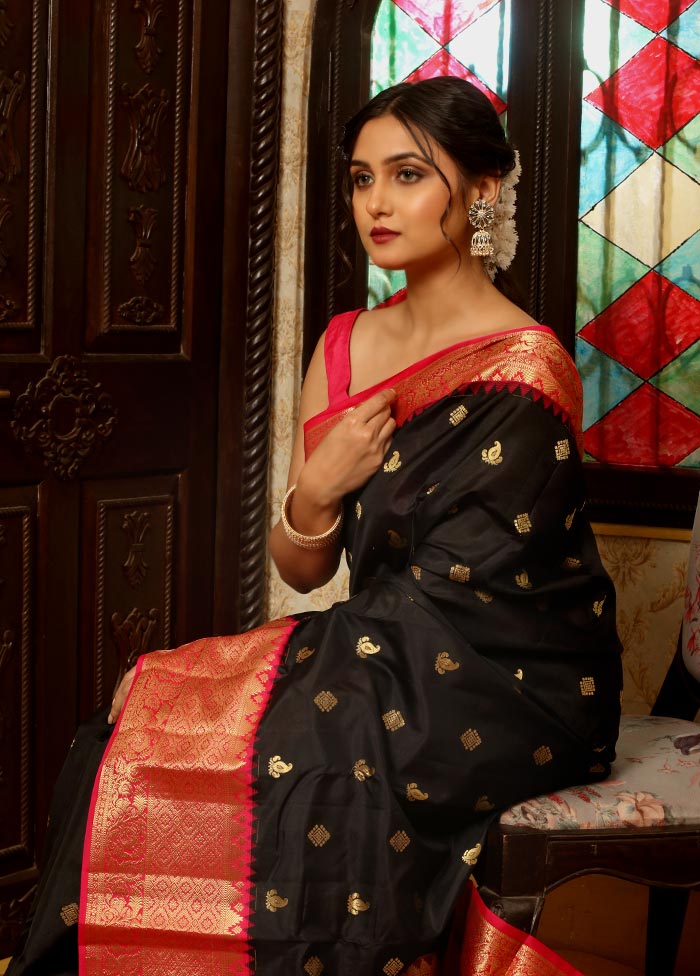 Black And Pink Pure Kanjivaram Silk Saree With Blouse Piece - Indian Silk House Agencies