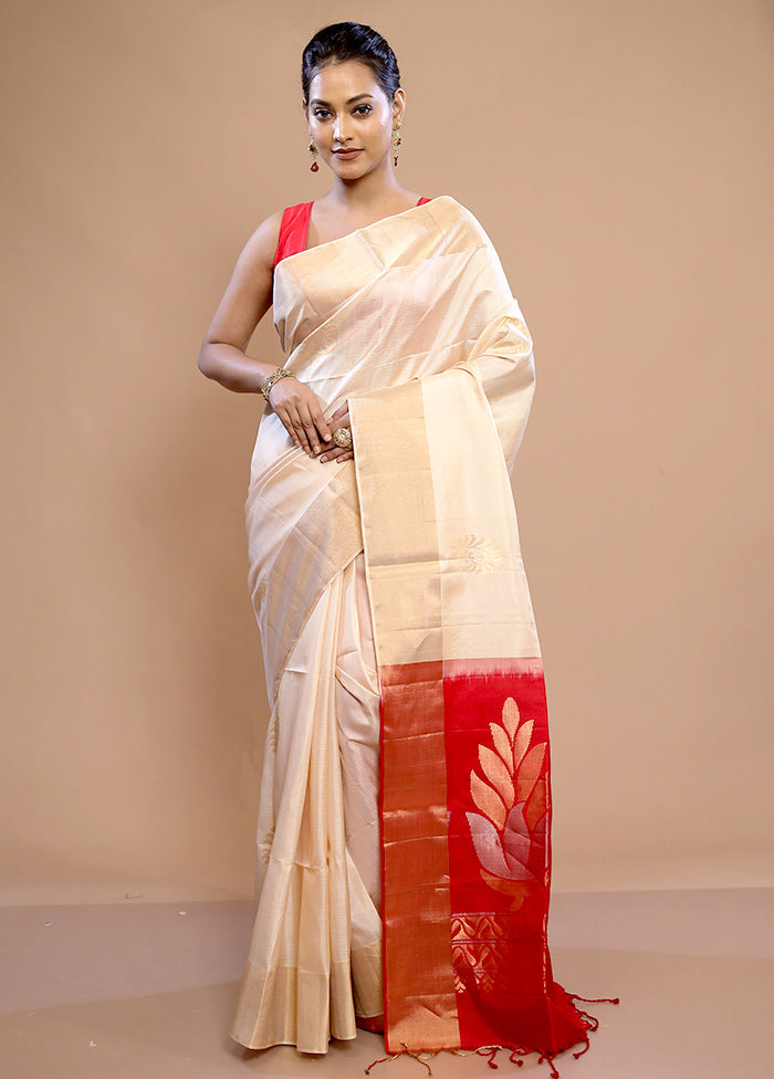 Cream Kanjivaram Pure Silk Saree With Blouse Piece - Indian Silk House Agencies