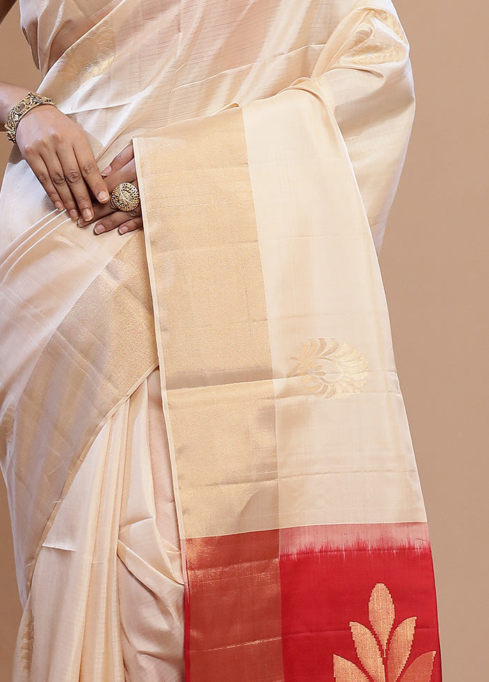 Cream Kanjivaram Pure Silk Saree With Blouse Piece - Indian Silk House Agencies