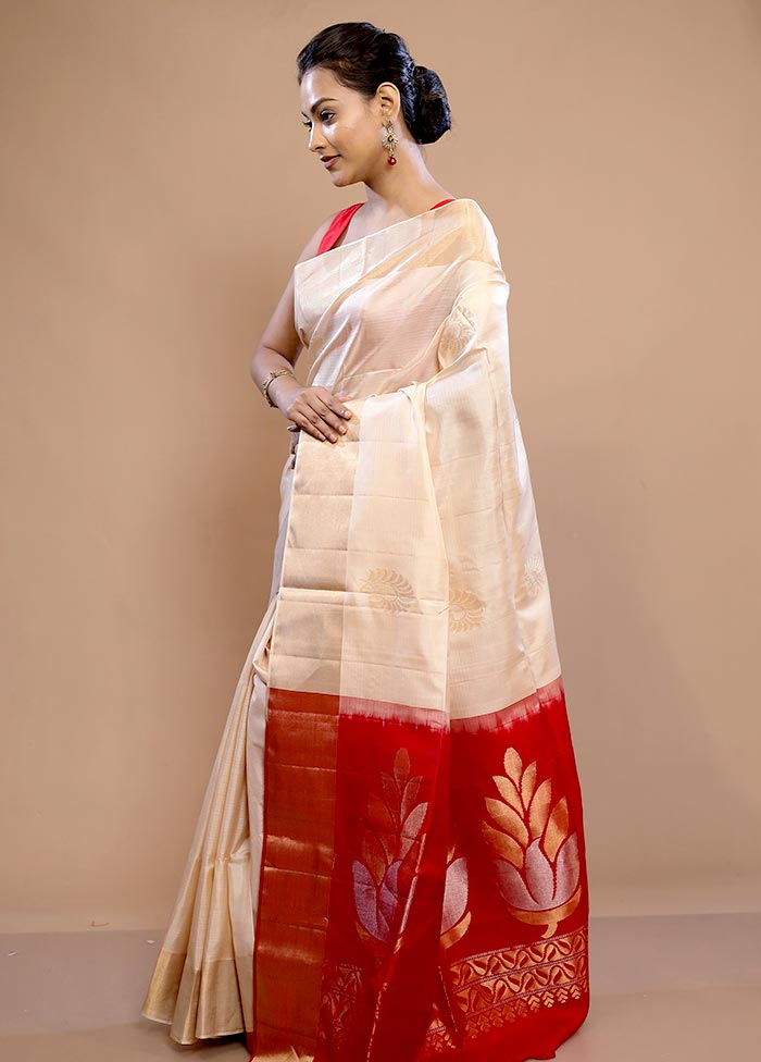 Cream Kanjivaram Pure Silk Saree With Blouse Piece - Indian Silk House Agencies