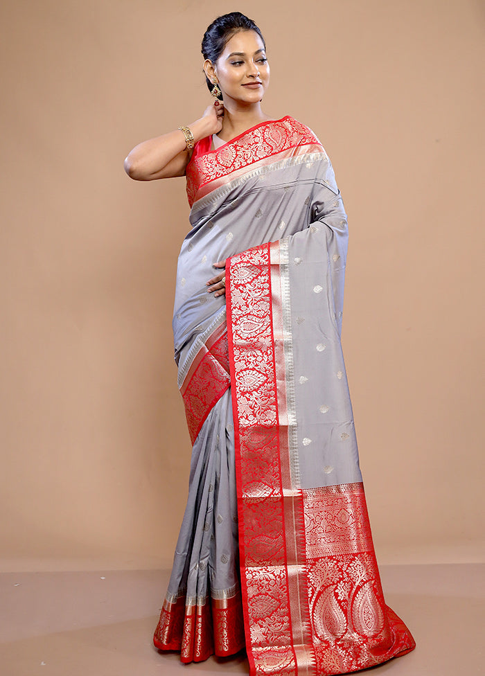 Grey Kanjivaram Silk Saree With Blouse Piece - Indian Silk House Agencies