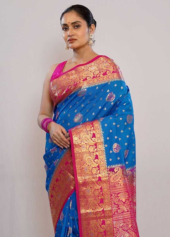 Blue Kanjivaram Silk Saree With Blouse Piece - Indian Silk House Agencies