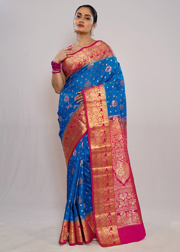 Blue Kanjivaram Silk Saree With Blouse Piece - Indian Silk House Agencies