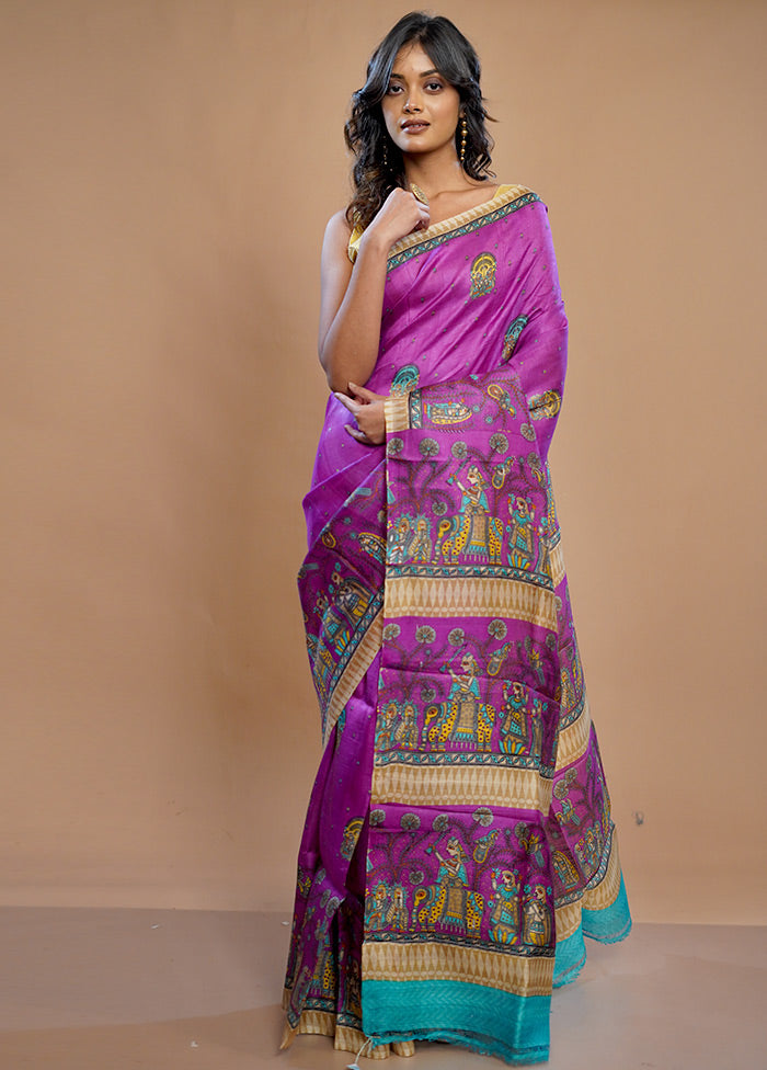 Purple Printed Pure Silk Saree With Blouse Piece - Indian Silk House Agencies