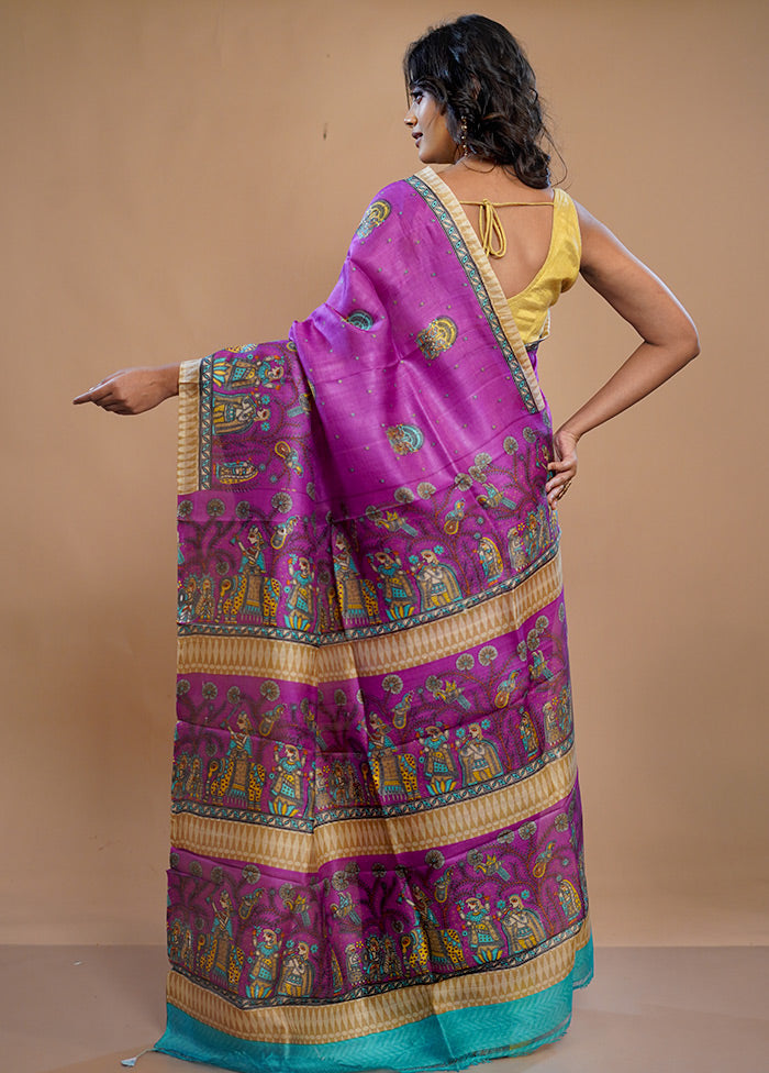 Purple Printed Pure Silk Saree With Blouse Piece - Indian Silk House Agencies