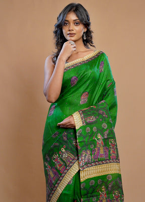 Green Printed Pure Silk Saree With Blouse Piece - Indian Silk House Agencies