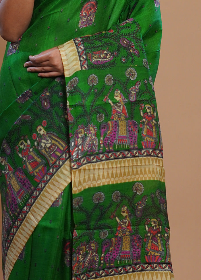 Green Printed Pure Silk Saree With Blouse Piece - Indian Silk House Agencies