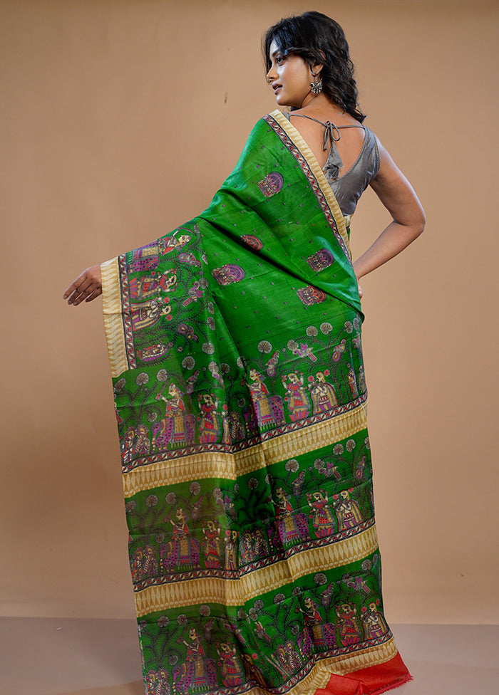 Green Printed Pure Silk Saree With Blouse Piece - Indian Silk House Agencies