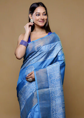 Blue Tussar Silk Saree With Blouse Piece