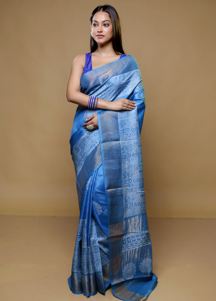 Blue Tussar Silk Saree With Blouse Piece