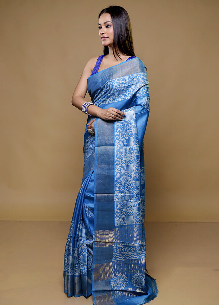 Blue Tussar Silk Saree With Blouse Piece