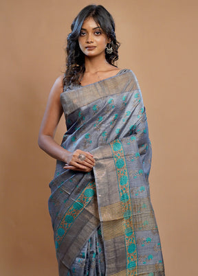 Grey Tussar Silk Saree With Blouse Piece - Indian Silk House Agencies