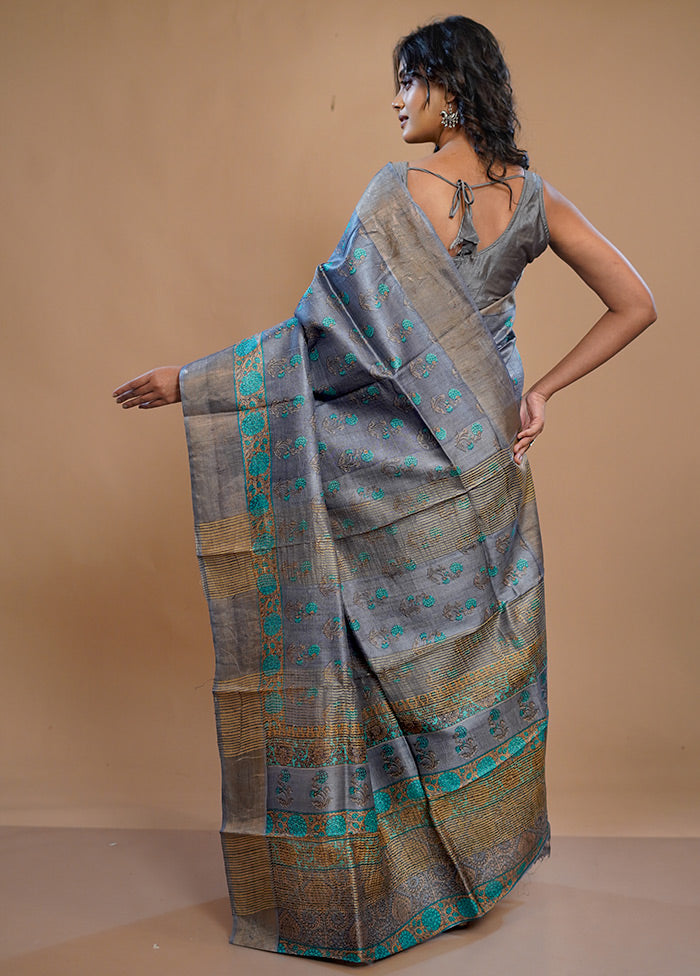 Grey Tussar Silk Saree With Blouse Piece - Indian Silk House Agencies