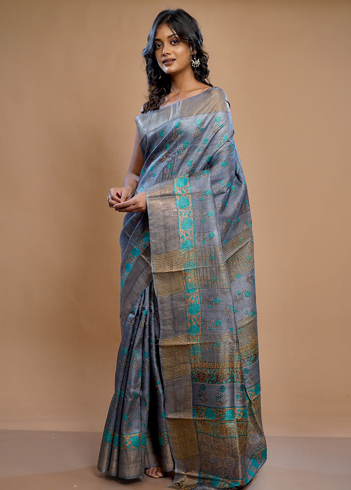 Grey Tussar Silk Saree With Blouse Piece - Indian Silk House Agencies