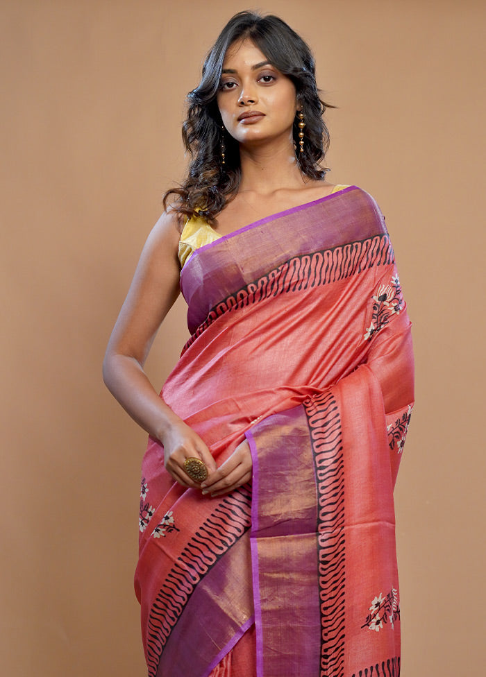 Pink Tussar Silk Saree With Blouse Piece - Indian Silk House Agencies