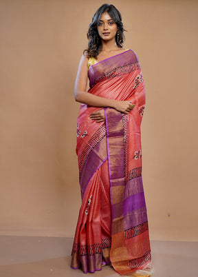 Pink Tussar Silk Saree With Blouse Piece - Indian Silk House Agencies