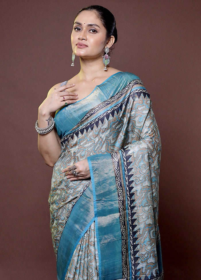 Grey Tussar Silk Saree With Blouse Piece