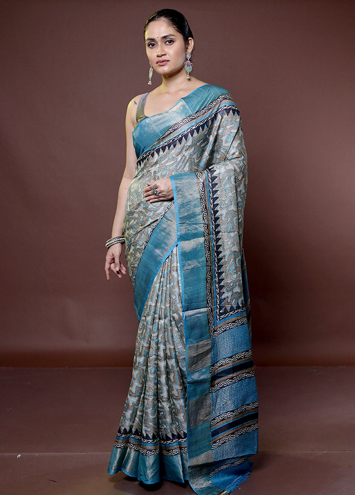 Grey Tussar Silk Saree With Blouse Piece