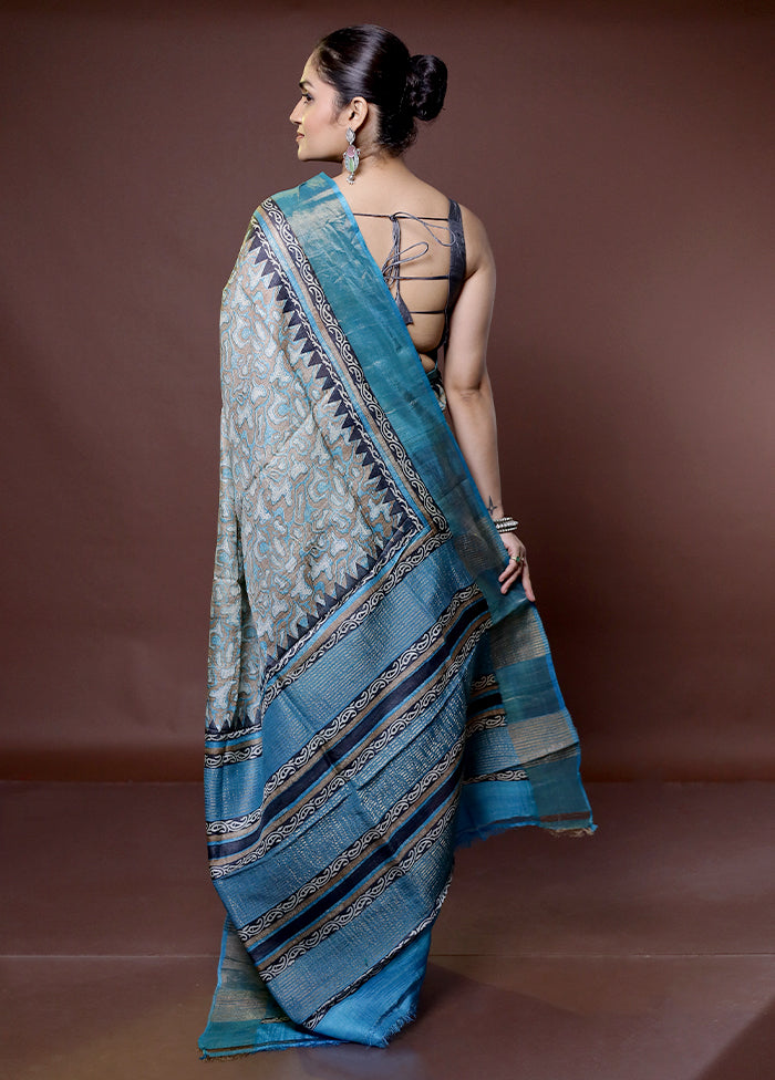 Grey Tussar Silk Saree With Blouse Piece