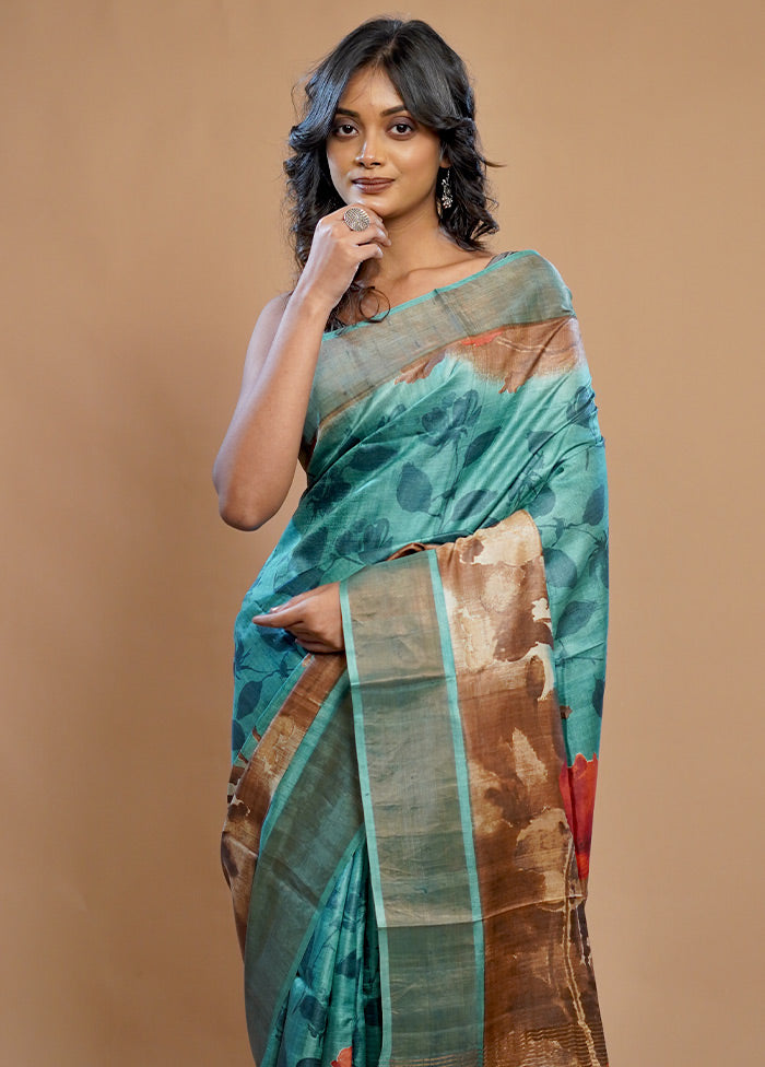 Blue Tussar Silk Saree With Blouse Piece - Indian Silk House Agencies