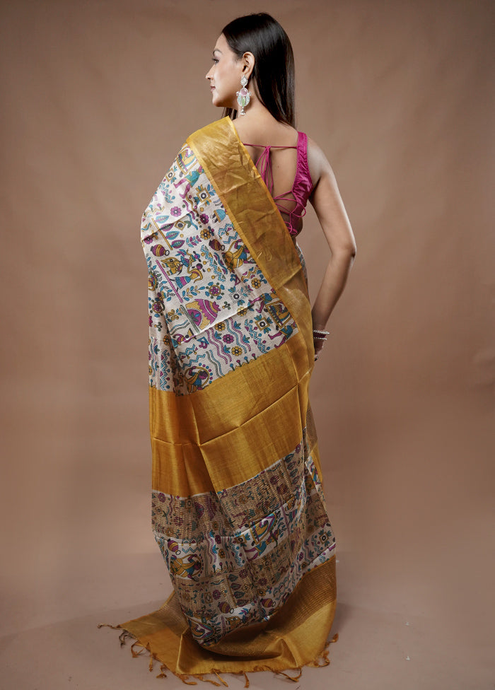 Cream Tussar Silk Saree With Blouse Piece - Indian Silk House Agencies