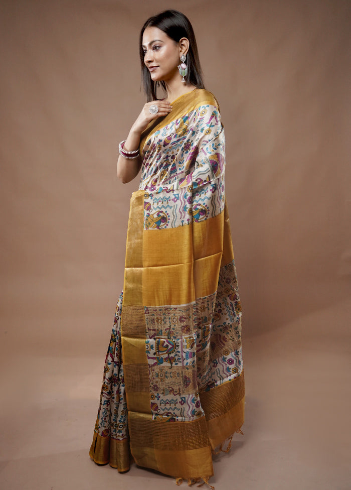 Cream Tussar Silk Saree With Blouse Piece - Indian Silk House Agencies