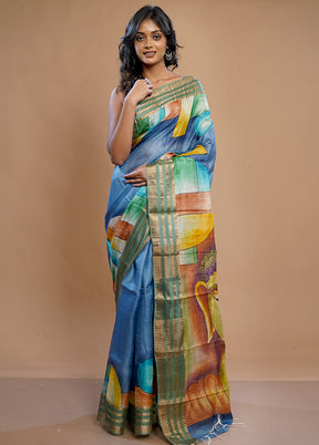 Blue Tussar Silk Saree With Blouse Piece - Indian Silk House Agencies