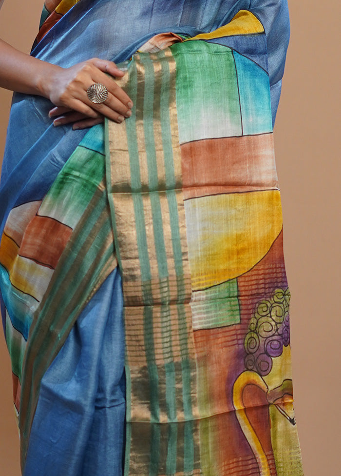 Blue Tussar Silk Saree With Blouse Piece - Indian Silk House Agencies