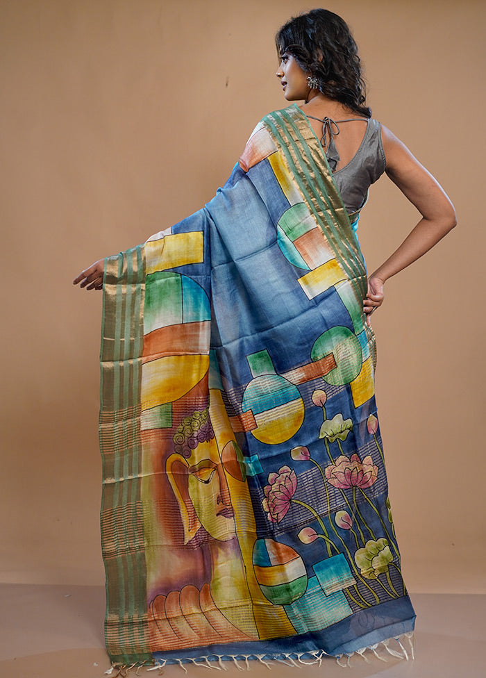 Blue Tussar Silk Saree With Blouse Piece - Indian Silk House Agencies