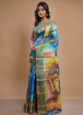 Blue Tussar Silk Saree With Blouse Piece - Indian Silk House Agencies