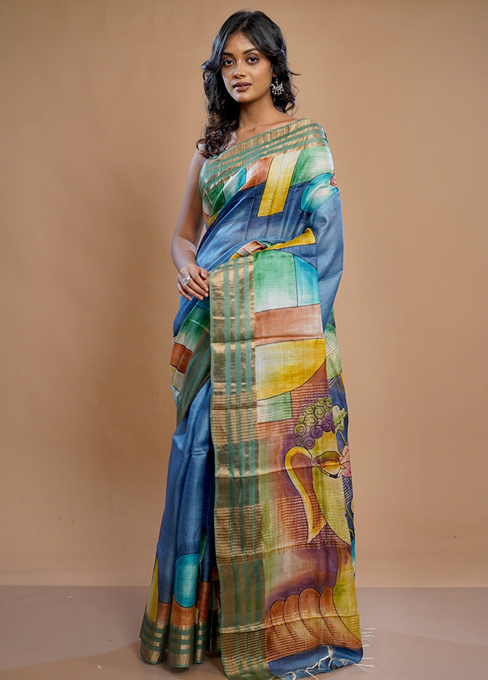 Blue Tussar Silk Saree With Blouse Piece - Indian Silk House Agencies