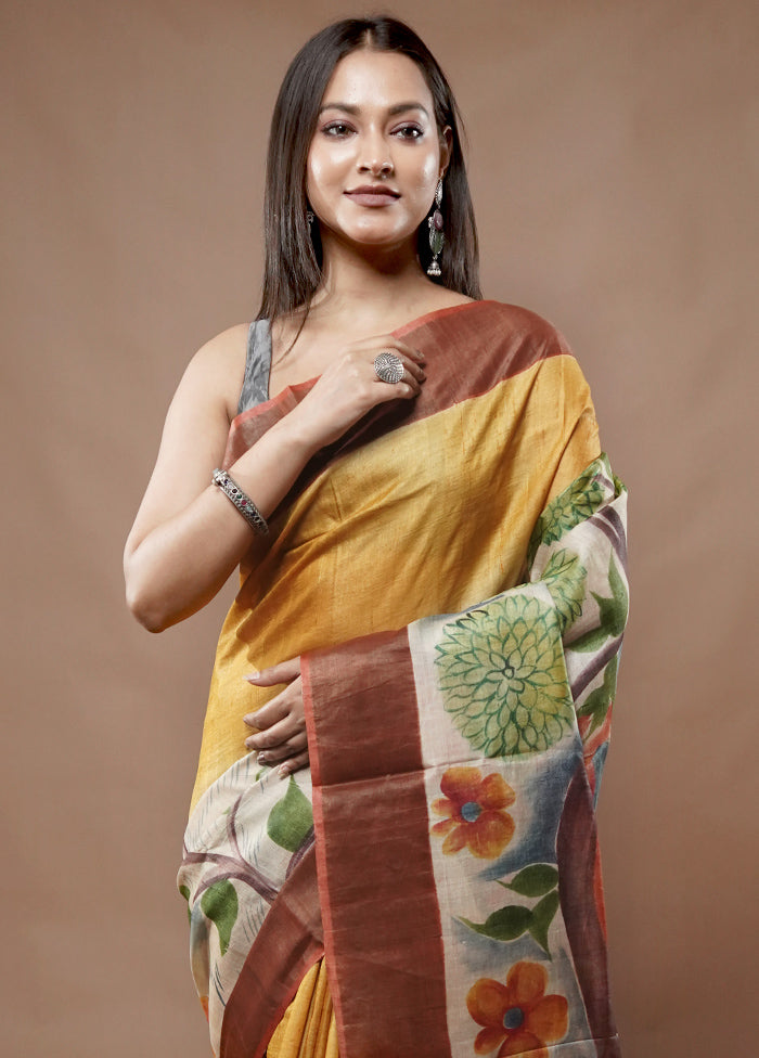 Cream Tussar Silk Saree With Blouse Piece - Indian Silk House Agencies